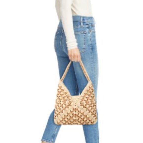 Cream and Tan Hobo Bag with Wooden Bead Design - Picture 2 of 8